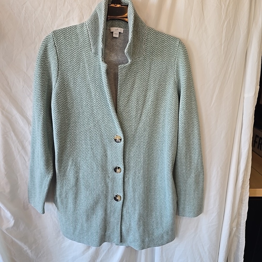 J Jill Double Knit Button Front Blazer Green Chevron Pattern Pockets Size S